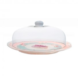 Suporte para Bolo com Cpula de Vidro Desenho de Flores